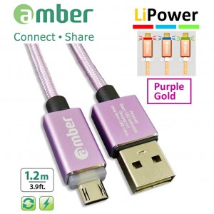 MUB-L03_ USB Sync & Fast Charge Cable, micro USB, LED indicator, Quick Charge 3.0/2.0, purple gold.