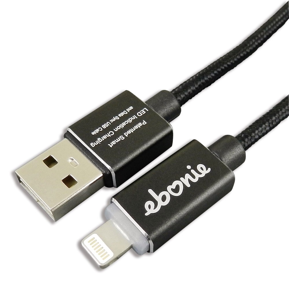 [ELT-L05] ebonie USB Lightning for iPhone/iPad，極速快充/資料傳輸線，智能發光/智能斷電，藍色心跳燈；A頭& Lightning頭、正反兩面都可插。高貴黑。